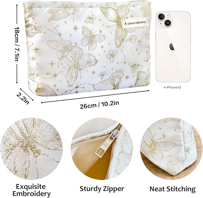 STARDW Aesthetic Floral Makeup Bag Cute Small Cosmetic Bags for Women Girls, Travel Toiletry Bag Large Capacity Zipper Makeup Pouch, Purse Organizer Pouches (Butterfly White)