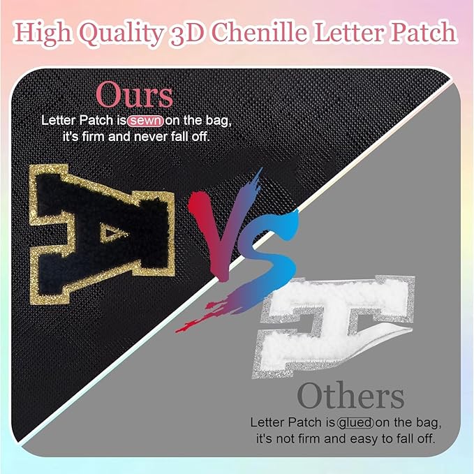 Small Personalized Letter Makeup Bag, Cute PU Leather Chenille Letters Cosmetic Bag Travel Makeup Pouch, Preppy Travel Organizer Zipper Pouch for Women&Girls（Black-W）
