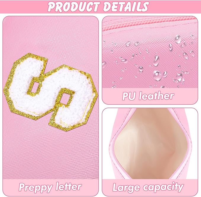 Patch Makeup Bag Travel Small Cosmetic Bag Pink PU Makeup Pouch Zippered Personalized Preppy Initial Skin Care Stuff Bag for Women Birthday Gift Teen Girl Gifts Trendy Stuff(S)