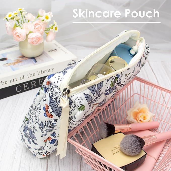PAZIMIIK Quilted Makeup Bag Large Travel Zipper Soft Cosmetic Pouch for Women Girls Make Up,Leaf White