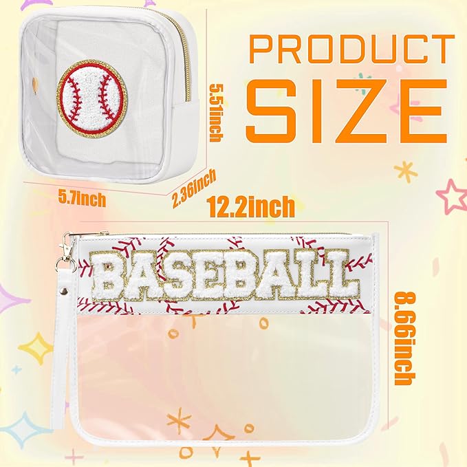 2 Pcs Baseball Gifts Cosmetic Makeup Bag with Chenille Letter Patch, Clear Pouch PVC Organizer Purse, Waterproof Travel Bag, Portable Toiletry Storage Bag for Her Girls Friends Women