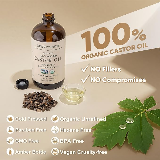 SPORTYOUTH Organic Castor Oil Cold Pressed Hexane Free 32 oz Glass Bottle USDA Certified 100% Pure Unrefined Carrier Oil for Hair Growth, Scalp, Castor Oil Pack, Eyelashes, Brows, Skin, Face, Body