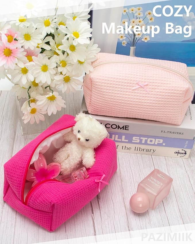 PAZIMIIK 6PCS Cozy Makeup Bag Travel Cosmetic Bag for Women Soft Toiletry Bag Aesthetic Makeup Organizer Portable Large Zipper Pouch for Skincare Beauty Accessories Brushes Waffle Hotpink