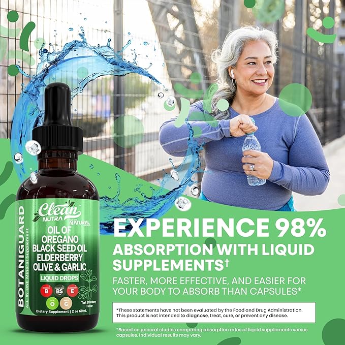 Clean Nutra Oil of Oregano Drops Black Seed Oil Elderberry Vitamin D D3 K2 Olive Garlic Immune Support Supplement Wellness Formula Zinc Supplements Liquid 2 Fl Oz BotaniGuard Vegan, Non-GMO
