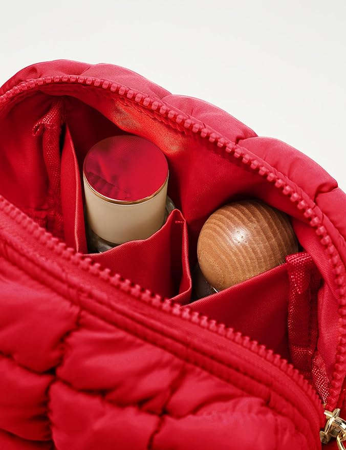 Yarnic Quilted Makeup Bag Puffy Cosmetic Bag, Travel Toiletry Bag for Women, Cute Makeup Bag Organizer Puffer Makeup Pouch (S, Red)