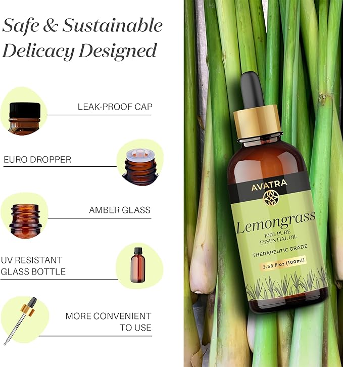 Avatra Lemongrass Essential Oil 100ML (3.38 OZ) with Glass Dropper and Travel Bottle, Pure and Natural Therapeutic Grade Lemongrass Oil for Diffuser, Aromatherapy, Massage, and DIY Candle Products
