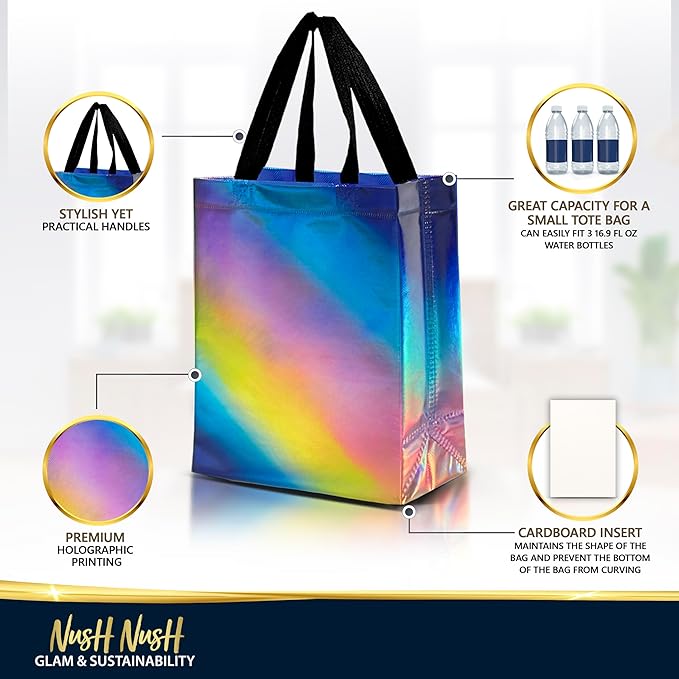 Nush Nush Gradient Gift Bags Bulk – Set of Reusable Rainbow Gift Bags With Medium Size and Holographic Finish - Ideal Goodie Bag for Birthday Party Favors, Kids Party, Events - 8x4x10