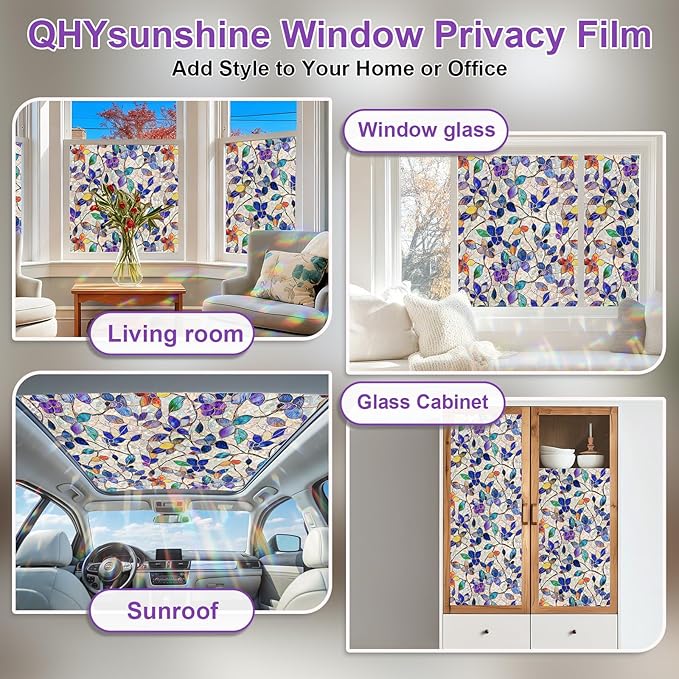 Stained Glass Window Privacy FilmDecorative Rainbow Static Clings -ldeal for Home &Office,Adhesive-Free,Removable, Uv-Blocking (Purple Rainbow, 45.2 X 157.4 in)