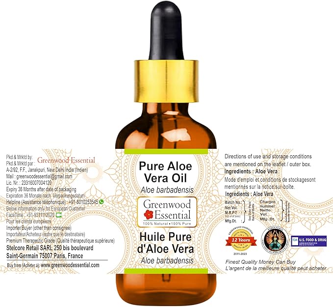 Greenwood Essential Aloe Vera Oil (Aloe barbadensis) with Glass Dropper | Infused | Pure | Non-Sticky | Lightweight | Hydrating Texture | For Skin & Hair | Men & Women | 50ml (1.69 oz)