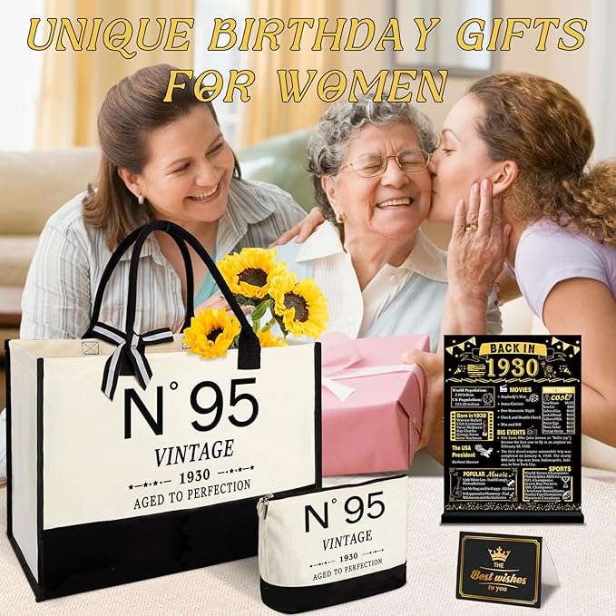 95th Birthday Gifts for Women Canvas Tote Bag Travel Gear,Unique 95 Years Old Gifts for Wife Mom Sister Aunt Friends Her, Vintage N°95 Handbag & Cosmetic Bag & Back in 1930 Poster