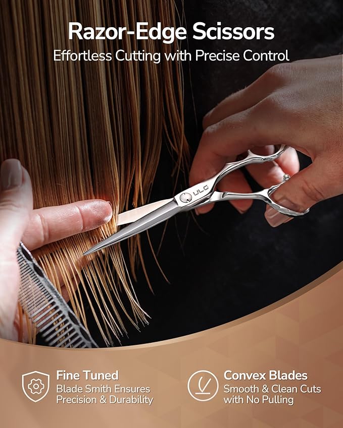 ULG Professional Hair Cutting Scissors & Shears, 6.5" 440C Japanese Stainless Steel Barber Scissors, Hand-Honed Razor Sharp Blades & Ergonomic Offset Handle for Salon & Home Use
