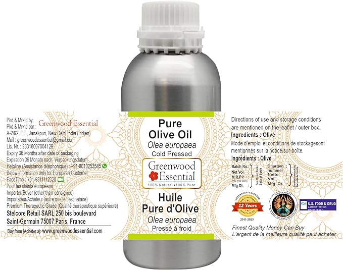 Greenwood Essential Pure Olive Oil (Olea europaea) Cold Pressed 300ml (10 oz)