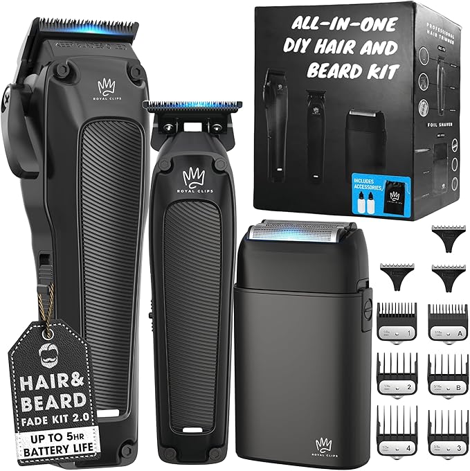 Royal Clips Hair and Beard Fade Kit 2.0 – Professional Clipper, Trimmer & Foil Shaver Bundle for Men, Complete Haircut Set for Barbers – Ideal Holiday Gift for Men, Fathers, Brothers & Barbers - Black