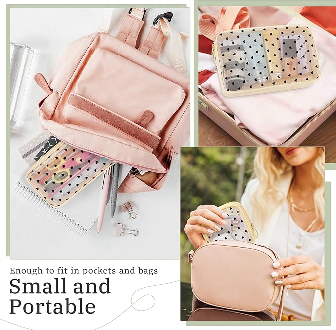 5 Pieces Mini Zipper Nylon Mesh Pouch, Mesh Cosmetic Bags Makeup Bags, Multipurpose Travel Toiletry Bags for Office Supplies and Travel Accessories (Heart Print-Beige, Assorted Sizes)