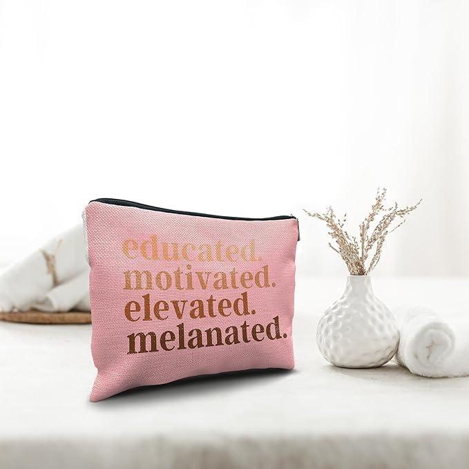 Nogrit African American Gifts,Black Women Gifts,Educated Motivated Elevated Melanated,Black Women Makeup Bag Cosmetic Bag, Melanin Makeup Travel Toiletry Bag,gifts for African American women/pink