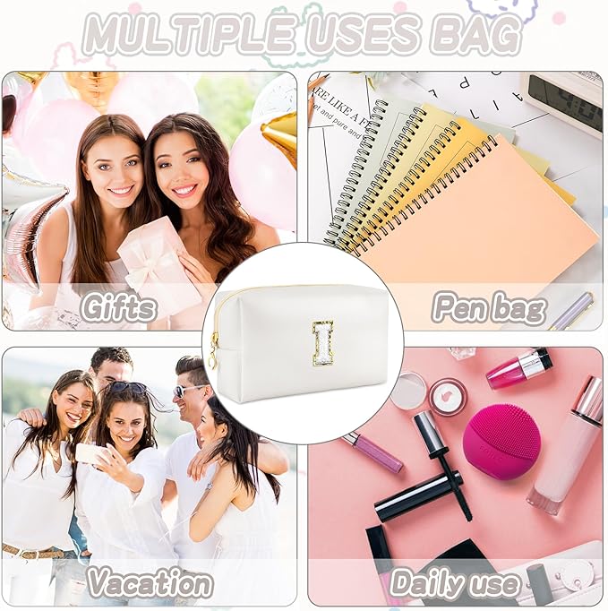 Gifts for Girls Initial Makeup Bag Personalized Cosmetic Bag with Zipper Cute Travel Toiletry Bags Waterproof PU Preppy Makeup Pouch Birthday Gift for Teen Girls Women(White I)
