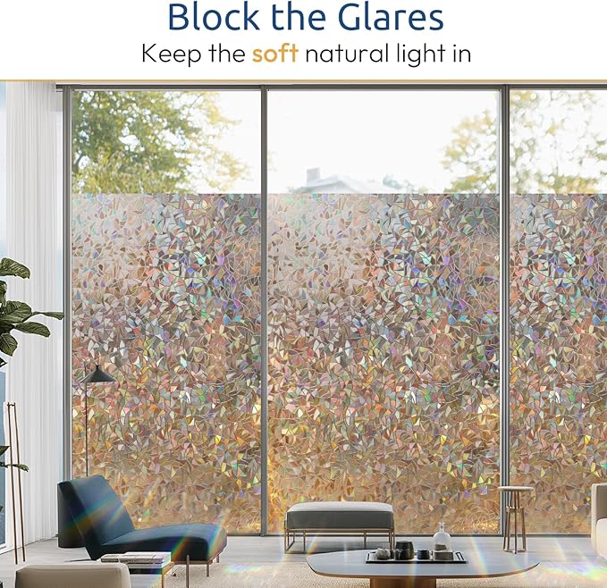 rabbitgoo Window Privacy Film Rainbow Film Decorative Window Sticker, 3D Static Stained Glass Cling Tint for Home Heat Control Non-Adhesive, Brown, 23.6 x 118.1 inches