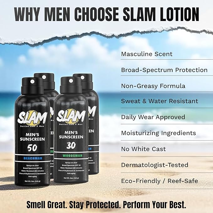 SLAM WoodsMan Men's Scented Sunscreen Spray SPF 50 – Broad Spectrum Sun Screen for Face & Body, Waterproof & Sweat Resistant Spray Sunscreen SPF 50, UVA/UVB Protection, Mens Sunblock