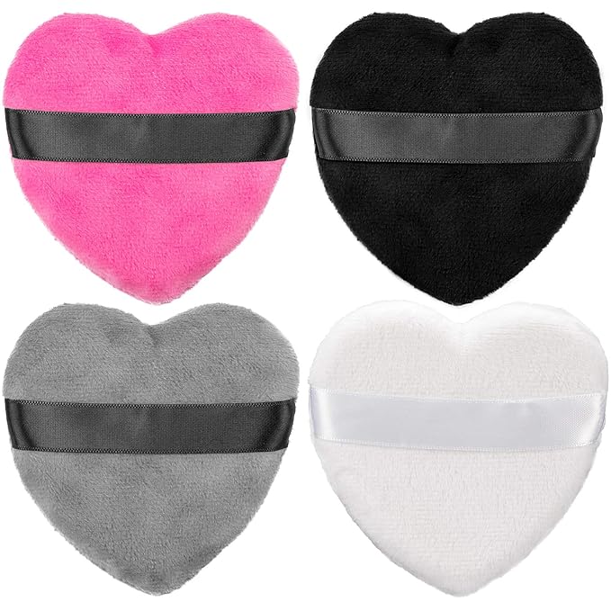OIIKI 4PCS Makeup Puffs, Cotton Powder Puff, Makeup Tool Sponges Blender Cleanser, in Love Shape with Strap, for Cosmetic (Gray+White+Rose+Black)