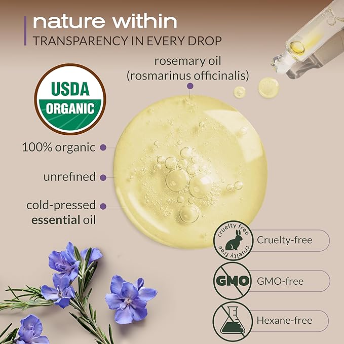 Ella & Eden Organic Rosemary Essential Oil - BIG 4 Oz bottle, 100% Pure, Steam-Distilled, Hexane-Free - for Hair Growth, Skin, Aromatherapy - Glass Bottle