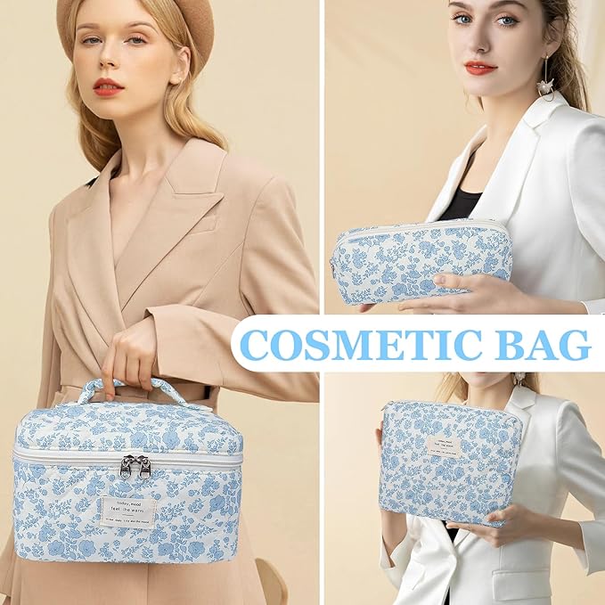 3pc Makeup Bag Set, Quilted Makeup Bag Set, Large Floral Cosmetic Bag for Women, Cute Cotton Makeup Bags, Flower Travel Toiletry Organizer Bag (Cartoon Park Print)