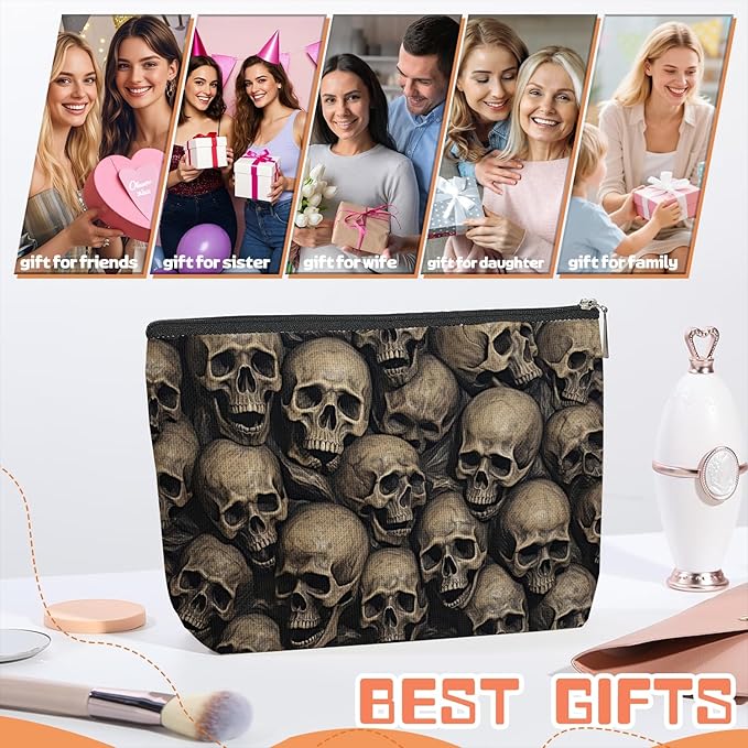 Makeup Bag Travel Cosmetic Bags Small Makeup Case Waterproof Zipper Pouch for Women Girls 7X9inches - Array of Human Skulls in A Dark Setting
