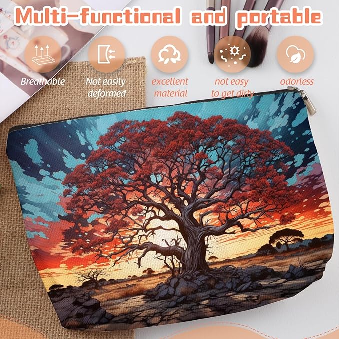 Makeup Bag Travel Cosmetic Bags Small Makeup Case Waterproof Zipper Pouch for Women Girls 7X9inches - Gigantic Red Tree Against A Colorful Sky