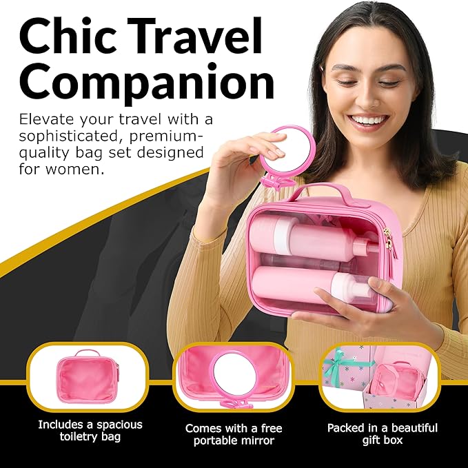 Pink Makeup Cosmetic Bag, Travel Toiletry Bag, Cute Makeup Pouch, Transparent Travel Case, Clear Front, Waterproof and Quart Size Bag, Best Gift for Girls, Teens, Women