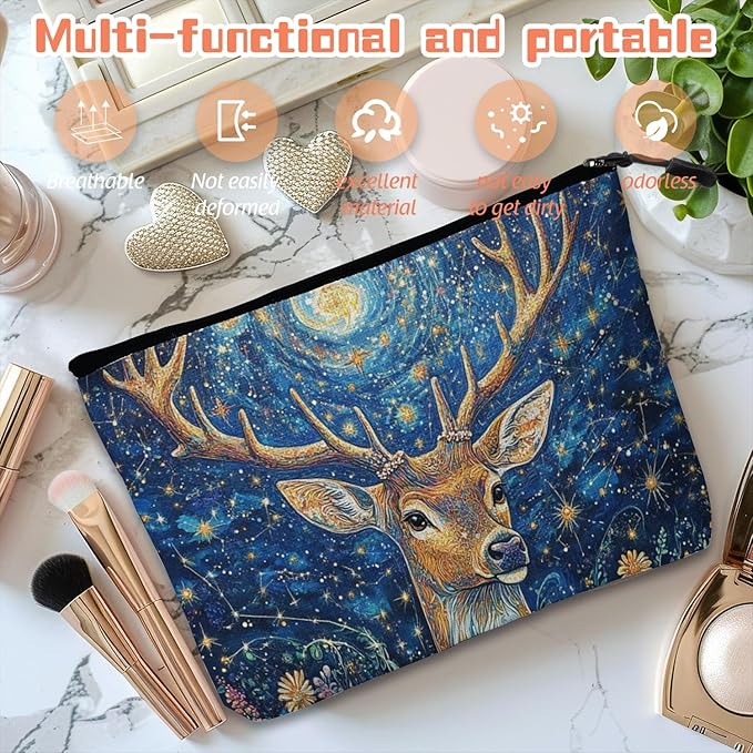 Cosmetic Bags Travel Makeup Toilet Case Waterproof Pouch for Women Girls 6.7X9.45inches - Deer With Large Antlers in A Starry - Floral Scene