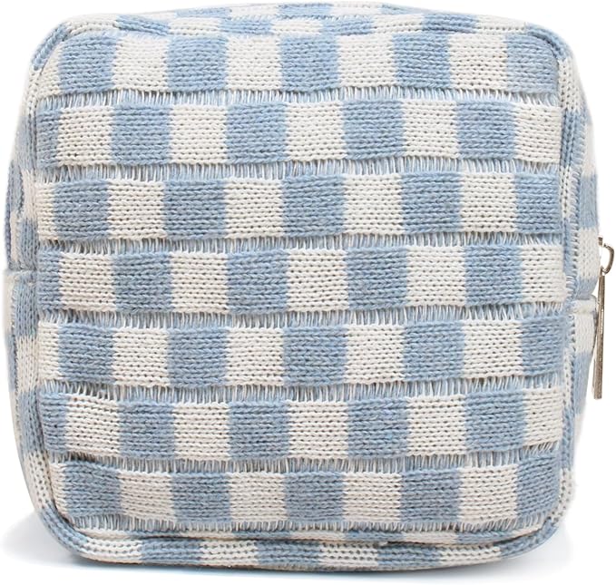 Small Blue Makeup Bag for Purse, Mini Checkered Cosmetic Bag Zipper Cute Make Up Pouch Travel Toiletry Case Quilted Aesthetic Accessories Makeup Storage Bag Organizer for Women Girls