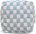 Small Blue Makeup Bag for Purse, Mini Checkered Cosmetic Bag Zipper Cute Make Up Pouch Travel Toiletry Case Quilted Aesthetic Accessories Makeup Storage Bag Organizer for Women Girls
