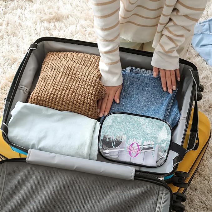 Custom Clear Makeup Toiletry Bag, Personalized Travel Cosmetic Organizer Case Portable Bag with Zipper, Lavender Purple, Light Blue Curtain Glittering