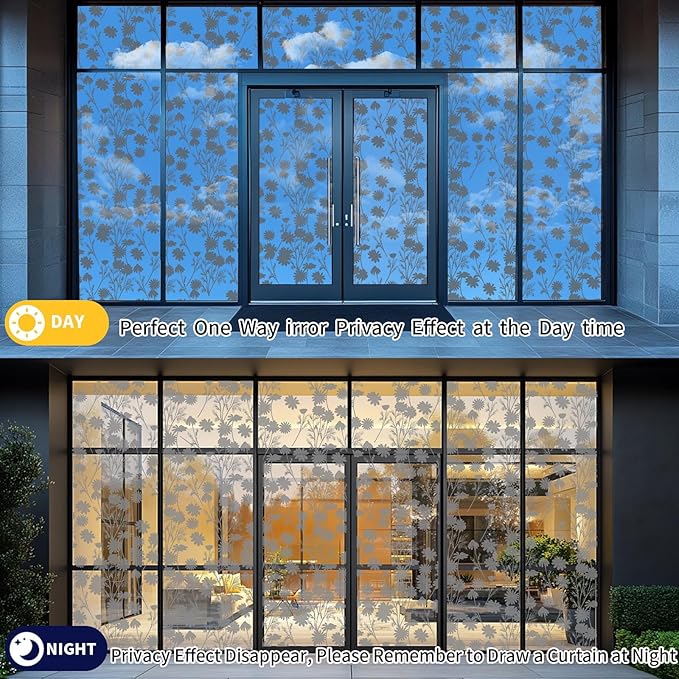 One Way Privacy Film, Window Tint for Home,Daytime Reflective, Anti UV Static Cling Sliding Door Coverings No Glue Garage Solar Paper (Silver -Daisy, 35.4X 78.7 in)