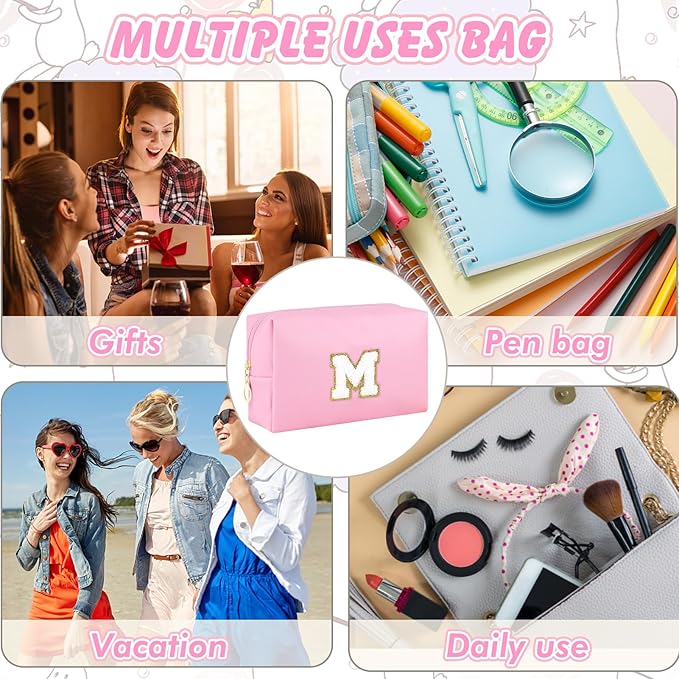Gifts for Girls Initial Makeup Bag Personalized Cosmetic Bag with Zipper Cute Travel Toiletry Bag Waterproof PU Preppy Makeup Pouch Birthday Gift for Teen Girls Women(Pink M)