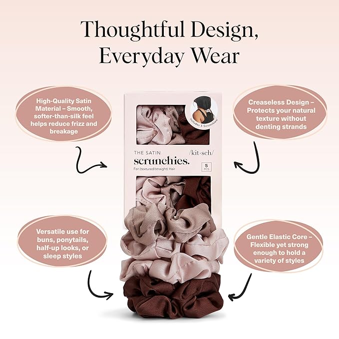 Kitsch Satin Scrunchies for Women - No Crease Hair Ties for Girls | Scrunchies For All Hair Types and Textures, Perfect for Day or Night | Ideal Gifts for Women - 5 Pcs, Cameo