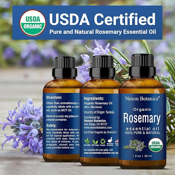 Organic Rosemary Essential Oil 30 ml - Pure, Natural Oil for Aromatherapy, Diffusers, DIY, Candle and Soap Making Scent - Nexon Botanics