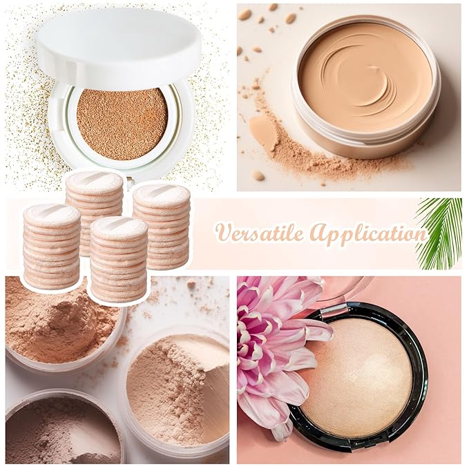 40 Pcs Cotton Powder Puffs Bulk Washable, 2.36 Inch Round Makeup Dusting Powder Puff with Ribbon for Face Body Cosmetic, Beige