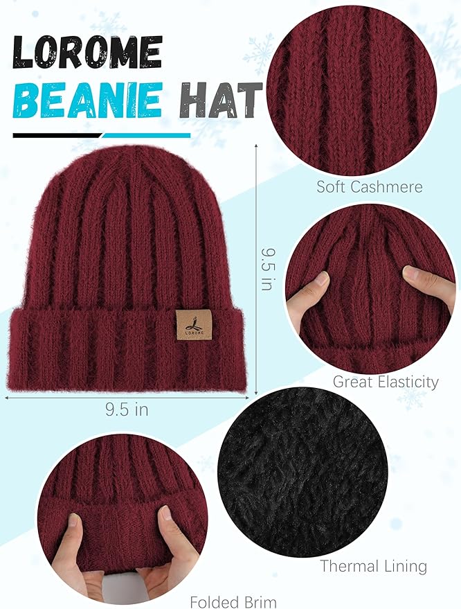 Winter Beanie Hat Scarf Gloves, Warm Fleece Knit Hat Long Scarf Neck Warmer Touch Screen Winter Gloves Set Gifts for Women