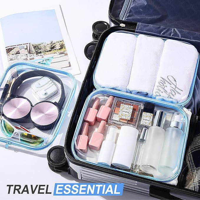 Hoolerry 3 Pcs Clear Hard Zipper Case Plastic Pouch Transparent Hard Case Clear Makeup Bag Portable Travel Organizer Bin for Cosmetics, Building Blocks, Puzzles(Blue,M)
