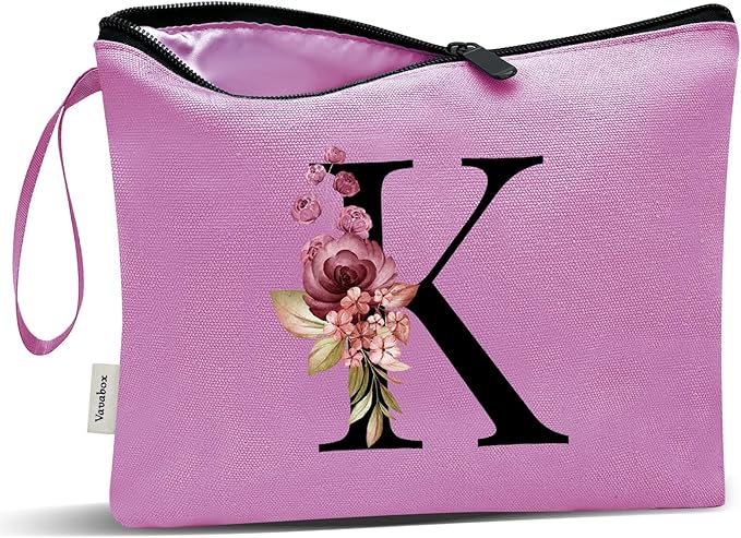 Vavabox A-Z Personalized Makeup Bag, Birthday Gifts for Women Mom, Gifts for Best Friend, Bride Bridesmaid Cosmetic bag (K, Purple)