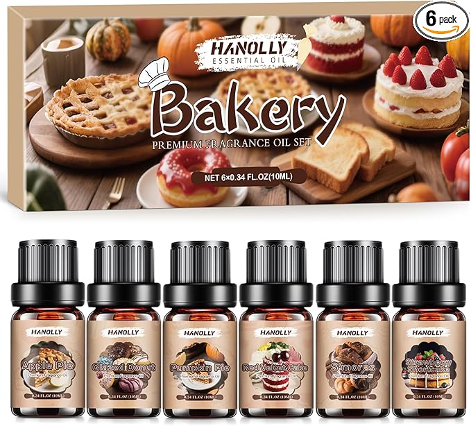 Bakery Essential Oils Set，Premium Fragrance Oil for Diffusers, Scented Oils for Soap & Candle Making, Pumpkin Pie, Apple Pie, S'Mores, Red Velvet Cake, Strawberry Shortcake,Glazed Donut