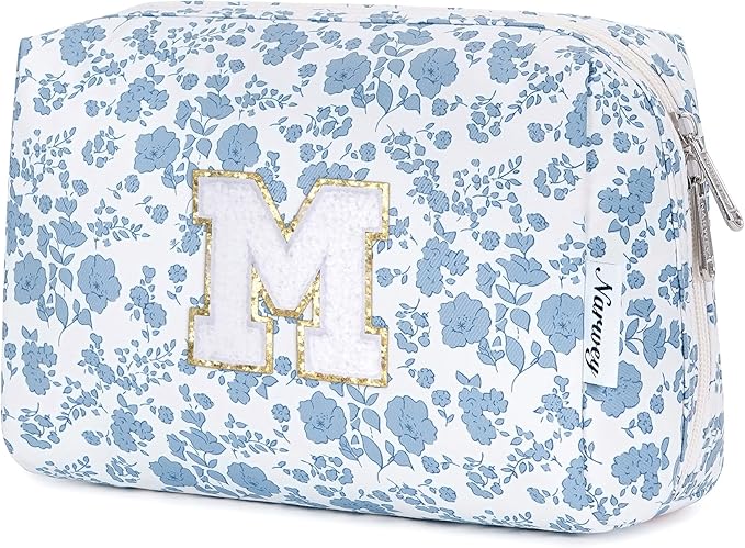Narwey Birthday Gifts for Teen Girls Kids Women Personalized Initial Floral Makeup Bag Cute Cosmetic Trendy Stuff 6 8 10 11 12 13 14 16 18 Years Old Travel Toiletry Bag (Little Blue Flower M)