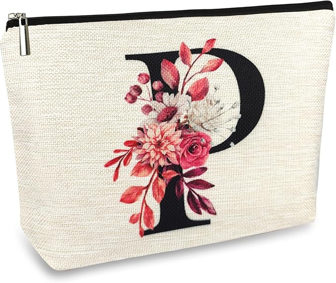 Initial A-Z Personalized Floral Makeup Bag, Monogrammed Birthday Gifts for Women Mom, Mothers Day Christmas Gift Ideas for Best Friend, Bride Bridesmaid, Her, Grandma, Small Travel Cosmetic Bag (P)