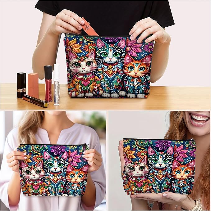 Bohemian Cat Makeup Bag Gift: Cute Boho Cats Themed Cosmetic & Toiletry Organizer Pouch For Daughters, Sisters, Friends,Teen Girls & Women.Ideal Gift For Travel, Birthdays, & Christmas.