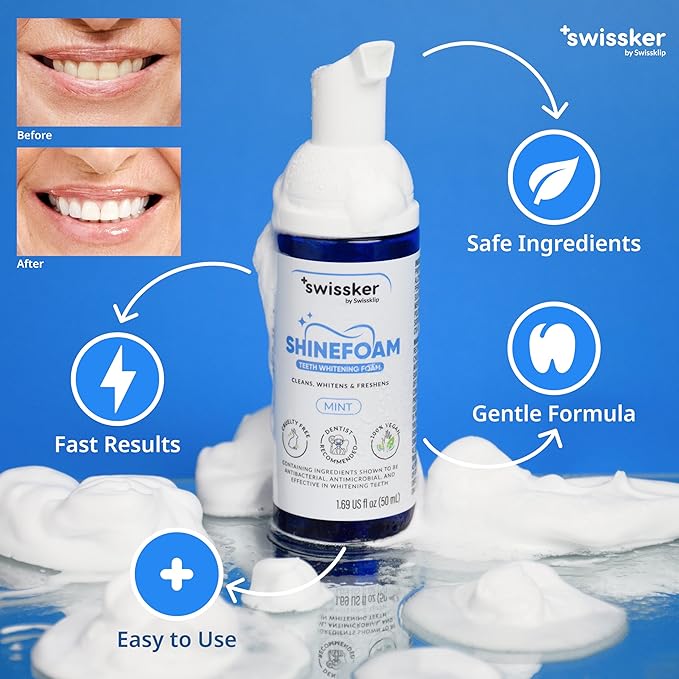 Swissklip ShineFoam | Teeth Whitening Foam | Mint Flavor Whitening Toothpaste | Teeth Whitener I Professional Teeth Whitening Kit | 100% Vegan - Made in USA - 1.69 oz - Pack 3