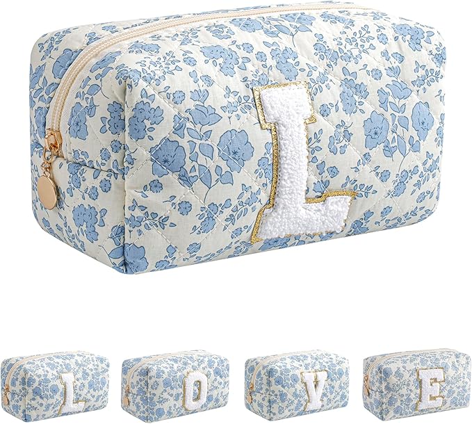 JOVAKIT Alphabet Makeup Bag Cosmetic Bag for Women, Christmas Gifts for Girls Age 6-18, Floral Flowers Coquette Travel Toiletry Zipper Make Up Pouch Organizer Trendy Stuff (Blue Floral L)