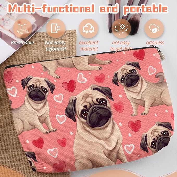 Makeup Bag Travel Cosmetic Bags Small Makeup Case Waterproof Zipper Pouch for Women Girls 7X9inches - Adorable Pug Pattern with Heart Elements