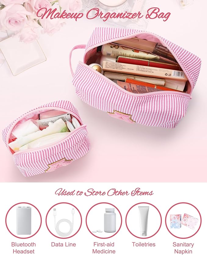 MONSTINA Personalized Initial Makeup Bag for Women,Make Up Case for Girlfriend Bridesmaid Wife,Birthday Gift for Her Cute Toiletry Bag,2PCS,Pink Z