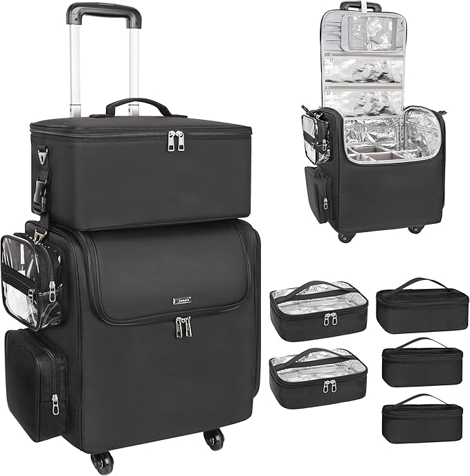 Relavel Rolling Makeup Train Case with Large Makeup Case, Hairstylist Traveling Bags with 5 Small Clear Bags, Cosmetology Case on Wheels, Hair Tools and Cosmetics Storage Organizer Trolley Suitcase