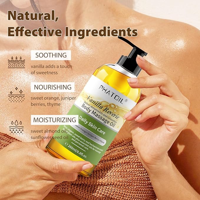 PHATOIL Vanilla Body Oil with Sweet Orange, Juniper Berry and Thyme Essential Oils, Premium Scented Body Oil for Moisturizing Skin, Massage Oil for Women Men After Shower - 8.8 FL.OZ(260ML)